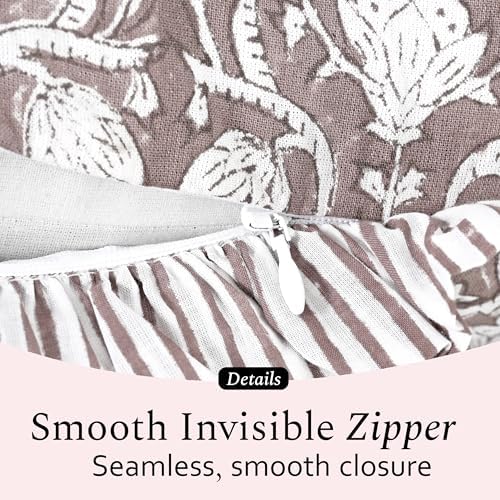 CPC Mocha Regal Hand Block Print 100% Cotton Ruffle Throw Pillow Cover 18x18 inch with Hidden Zipper Decorative for Couch, Bed, Sofa, Farmhouse, Cottagecore Decor Gift Christmas Fall Thanksgiving - Image 3