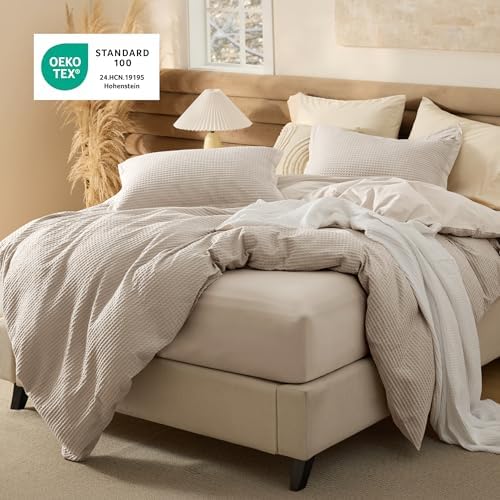 Bedsure PureWoven Cotton Waffle Duvet Cover Set with Fitted Sheet, King - Image 3