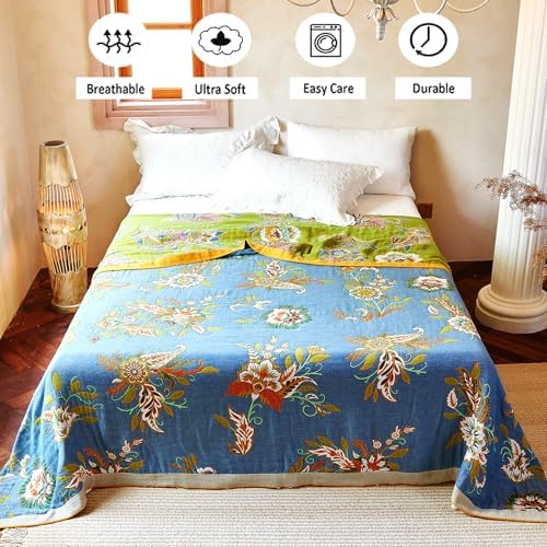 VANJOROY Boho Throw Blanket, 100% Organic Cotton Breathable Ultra Soft Bed Quilt Throw - All Season Luxury Floral Farmhouse Decor Blanket for Sofa Couch Chair and Gift. 91" x 98"-Green/Blue - Image 5