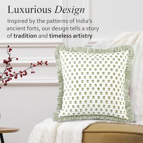 CPC Lotus Meadow Hand Block Print 100% Cotton Ruffle Throw Pillow Cover 24x24 inch with Hidden Zipper Decorative for Couch, Bed, Sofa, Farmhouse, Cottagecore Decor Gift Christmas Fall Thanksgiving - Image 7
