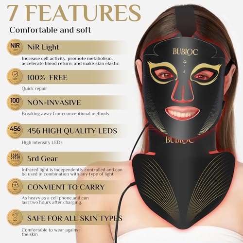 Red Light Therapy Mask Set, Five-Level Brightness Adjustment for Face and Neck, 630nm Infrared Light + 850nm Near-Infrared LED Therapy Phototherapy, Portable Mask with Power Storage, Black - Image 3