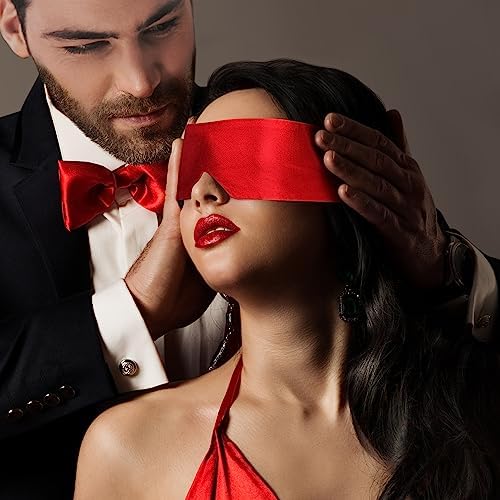 FRESHME 2pc Satin Sleep Mask - Lightweight Blindfold Eye Mask Cover for Women Men Couples Night Gift, Valentine's Day Gift Double Sides Dark Purple & Black+Red & Black 2pc Set - Image 3