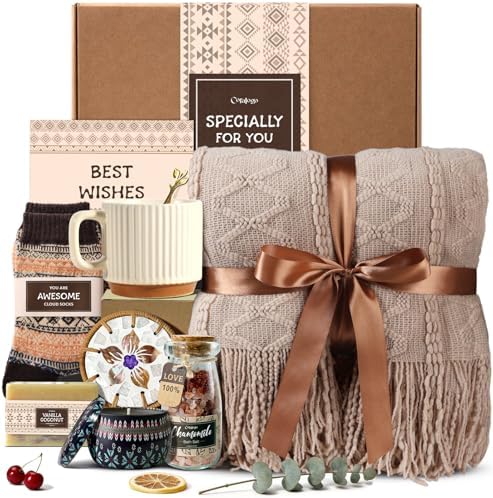 Boho Spa Gift Basket for Women with Soft Blanket by Coralogo