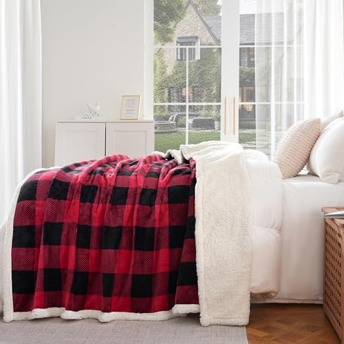 PU MEI Sherpa Fleece Throw Blanket 80" x 90" Reversible Plush Fluffy Large Big Blanket Lattice Flannel Blankets for All Season Use, Red and Black - Image 2