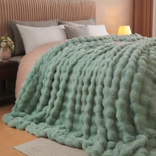 Lotus Karen Faux Fur Throw Blanket Sage Green - Big Bubble Rabbit Fluff Blanket for Couch Bed Sofa,Softest Fluffy Fuzzy Cozy Blanket,Plush Thick Furry Shaggy Warm Blankets for Women,108x90 Inches - Image 4