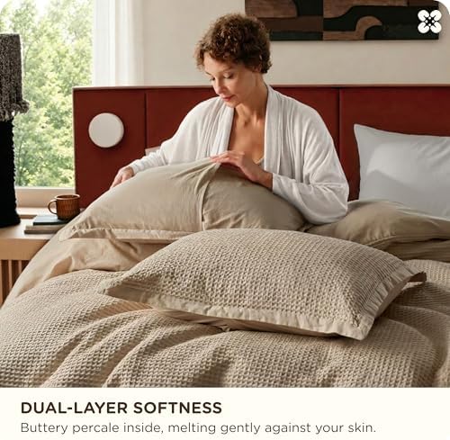 Bedsure PureWoven 100% Cotton Waffle Weave Duvet Cover Set, 3 Pieces, Khaki - Image 4