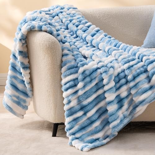 BEDELITE Ribbed Fleece Throw Blanket for Couch, Blue&White, 50"x60" - Image 6