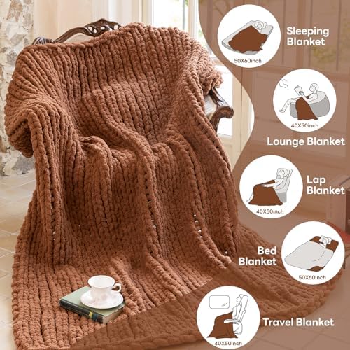 Chunky Knit Throw Blanket for Couch，40x50 Inches Reddish Brown - Image 3