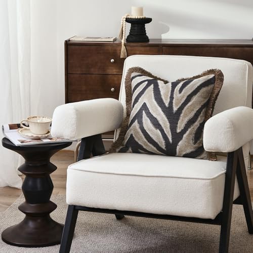 Designer Zebra Throw Pillow Cover with Brown Fringe, Luxury Zebra Pattern Jacquard Design Decorative Pillow Cover for Modern & Classic Home Decor,18x18 Inch (Single Pack) - Image 6