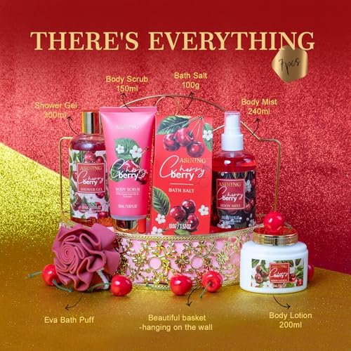 Bath & Body Basket Set, Cherry Fruit Scent Spa Gift Basket with Shower Gel, Lotions for Women Gift Set, Spa Kits for Christmas Valentine's Birthday Gift All Occasion Holiday Gift Idea Luxury Bath Set - Image 2
