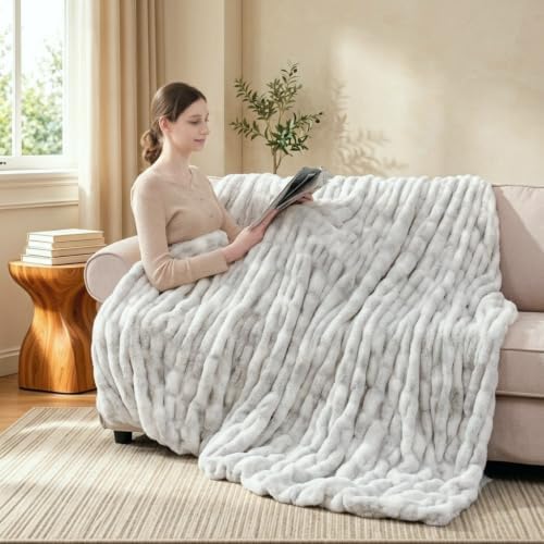 Touchat Ruched Rabbit Faux Fur Throw Blanket,Fluffy Soft Cozy,Tie-dye Gray - Image 3