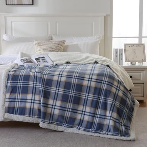 PU MEI Sherpa Blanket Twin Plaid Thick Bed Blanket, 60”*80” Super Soft Flannel Fuzzy Fleece Reversible Velvet Plush Warm Blanket for Couch (Blue White Check) - Image 2