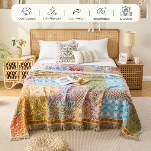VANJOROY Boho Throw Blanket, 100% Organic Cotton Breathable Skin-Friendly Ultra Soft 60" x 80" Bed Quilt Patchwork Throw - Floral Rustic Luxury Reversible Blanket for Sofa Couch Chair and Gift, - Image 4