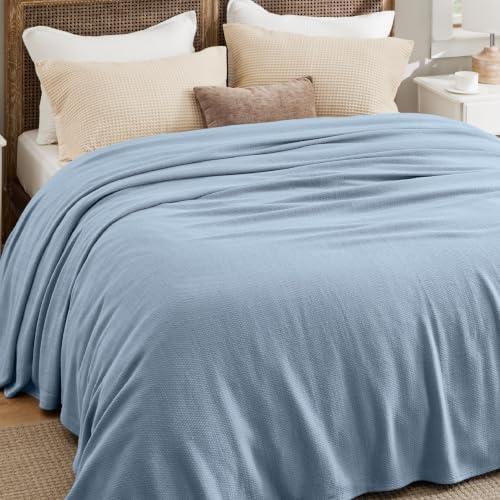 Bedsure 100% Cotton Blanket, Herringbone Weave, Queen Size, Light Blue - Image 5