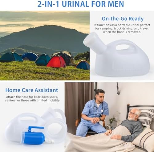Urinals for Men, ONEDONE Portable Urinal for Men 68 OZ Urine Bottle Pee Bottle Spill Proof for Camping Travel Hospital Home Bedside Emergency Cuttable Long Hose with Lid(White) - Image 3