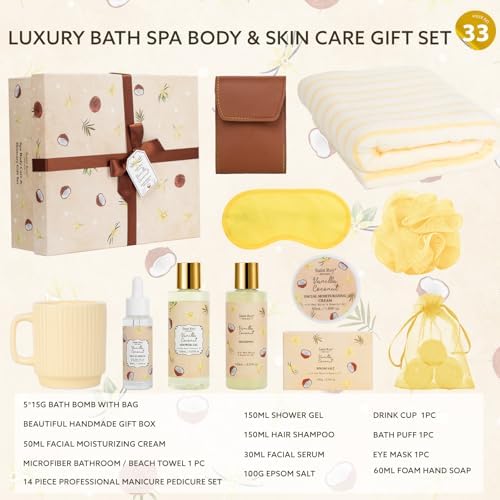 33Pcs Coconut Vanilla Spa Bath Gift Basket for Women & Men, Skin Care Set - Image 2