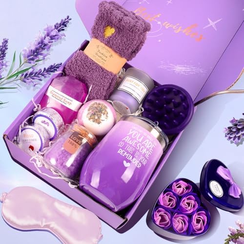 12 Piece Spa Gifts Set for Women, Self Care Gift Basket for Mom Wife Her, Relaxing Gifts with Eye Mask, Water Bottle, Bath Bombs, Aromatherapy for Valentines Day, Birthday, Christmas (Lavender) - Image 5