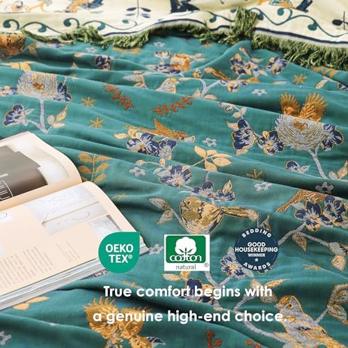 VANJOROY Boho 100% Cotton Large Throw Blanket King - All Season Rustic Ultra Soft Breathable Floral Bird Blanket for Bed Sofa Couch Chair Bedspread Quilt Gift, 91" x 108"-Teal/Beige - Image 5