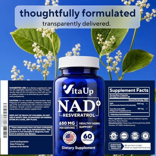VitaUp NAD+ Resveratrol Supplement - USA Made Trans Resveratrol NAD Supplement 650mg - Nicotinamide Adenine Dinucleotide Capsules for Healthy Aging, Energy & Focus Support - 60 Count - Image 7