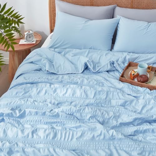 Cozy Bliss Seersucker Cooling Comforter King Size, Q-Max 0.45 Reversible Lightweight Cooling Blanket, Breathable Silk Smooth Summer Bedding Quilt for Hot Sleepers Night Sweats Cold Blue - Image 5