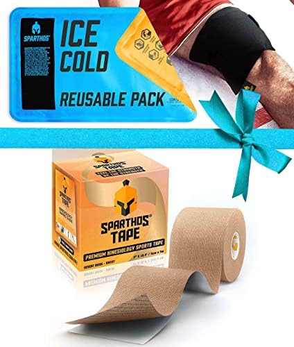 Sparthos Kinesiology Tape [Desert Beige - 16.4ft Uncut Roll] x Ice Packs for Injuries [Size Medium + Cover] by Sparthos