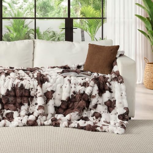 Lotus Karen Faux Fur Throw Blanket Cow Print-Dark Brown, Fluffy Fuzzy Plush Bubble Blanket for Couch, 80x60 Inches Cozy Shaggy Rabbit Blanket, Luxury Decorative Gifts for Sofa Bedroom Living Room. - Image 2
