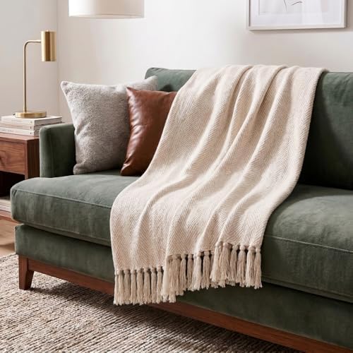 Americanflat 50x60 Throw Blanket - Soft and Breathable Cotton Throw Blanket for Couch, Bed, Chair - Decorative Blankets Perfect for Home, Office, or Outdoor Use - Cream Herringbone Design by Americanflat