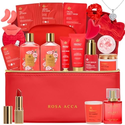 25 Pcs Mother's Day Gift, Red Rose Bath & Body Gift Basket Set for Women, Hydrating Skin Care Set, Home Spa Self Care Gifts, Cosmetic Bag, Necklace, Christmas, Birthday, Anniversary by RAROSAACCA