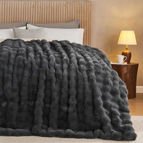 Lotus Karen Queen Size Faux Fur Blanket Dark Gray - Big Bubble Rabbit Fluff Throw for Bed Large Fluffy Fuzzy Cozy Thick Furry Plush Shaggy Blankets 90x90 Inches - Image 3