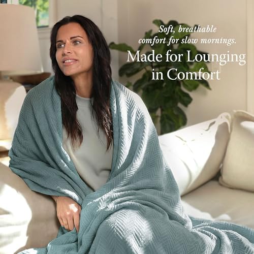 Threadmill Luxury 100% Cotton King Herringbone Blanket, Mist Blue - Image 3