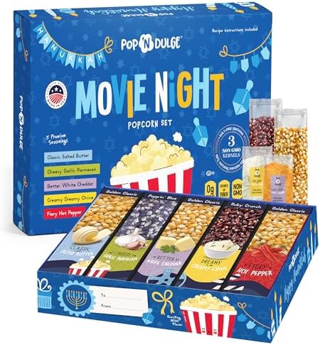 Hanukkah Gifts Movie Night Popcorn Gift Set, Kosher OU-D, Gift Baskets, 5 Gourmet Popcorn Kernels and 5 Flavoring, Non-GMO Hanukkah Set - 10 Pack, Gifts Ideas For Men, Women, Kids by PopNDulge