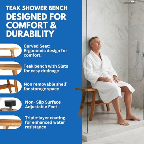 EcoDecors Satori 28-Inch Teak Shower Bench, Natural Finish, Slatted Top - Image 2