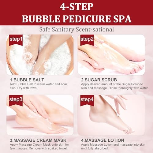 Pedicure Kit Foot Soak Set: Bubble Salt, Sugar Scrub, Massage Mask, Massage Lotion in a Box, 4 Step Foot Spa Kit for Dry Feet,Tired Feet (1 Set Pomegranate) - Image 6