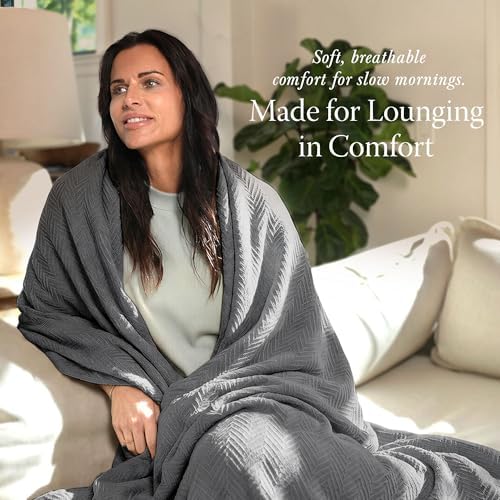 Threadmill Luxury 100% Cotton Twin Herringbone Blanket, Dark Grey - Image 3