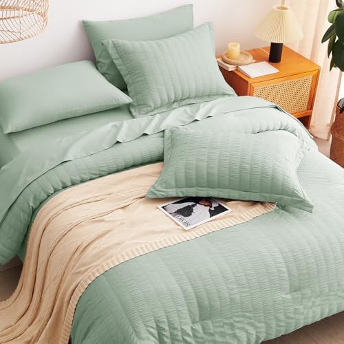 CozyLux Full Size Comforter Set 7 Pieces Sage Green Seersucker Bed in a Bag - Image 6
