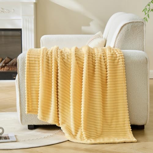 Bnuitland Light Yellow Fleece Throw Blanket for Couch, 300GSM Soft Warm Cozy Fluffy Throw for Adults & Kids, Stripe Pattern 50"x60", All Season Sofa Bed Blanket for Home Decor - Image 3