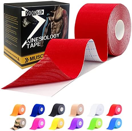 SOON GO Kinesiology Tape, 2IN x 16.4FT Uncut athletic tape, Waterproof Breathable Latex-Free, Muscle Recovery & Joint Support,Red (1/2/5 Rolls) by SOON+GO