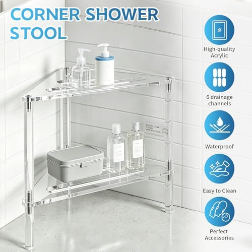 Acrylic Corner Shower Stool for Shaving Legs - Clear Triangle Shower Stool with 2-Tier Storage Shelf - Modern Bathroom Step Stool - Includes 1 Bath Sponge & 2 Shower Loofahs for Exfoliation - Image 3