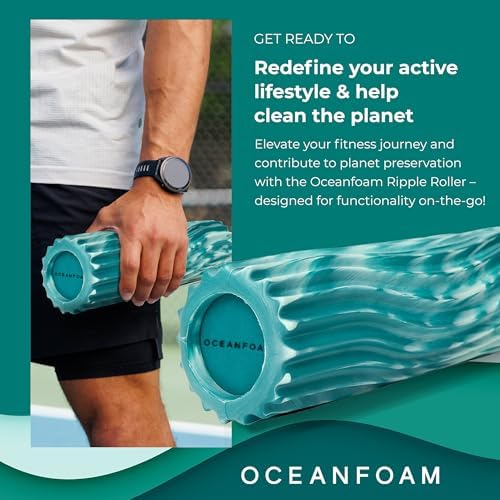 Oceanfoam Ripple Travel Foam Roller (11" x 3.35") Firm Mini Foam Roller for Physical Therapy, Deep Tissue Massage, Back Pain - High Density, Wave Textured - Yoga, Exercise (Jade & Seafoam Marbled) - Image 4