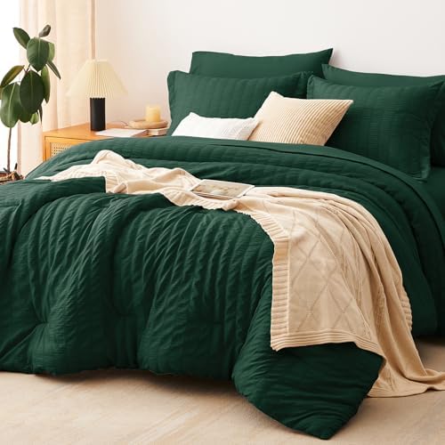 CozyLux California King Comforter Set Emerald Green Seersucker Bed in a Bag by CozyLux