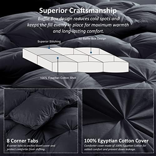 Luxurious All-Season Goose Down Feather Fiber Comforter Queen Size Duvet Insert, Exquisite Black Pinch Pleat Design, Premium Baffle Box, 100% Egyptian Cotton Cover, 65 oz. Fill Weight, Black - Image 6
