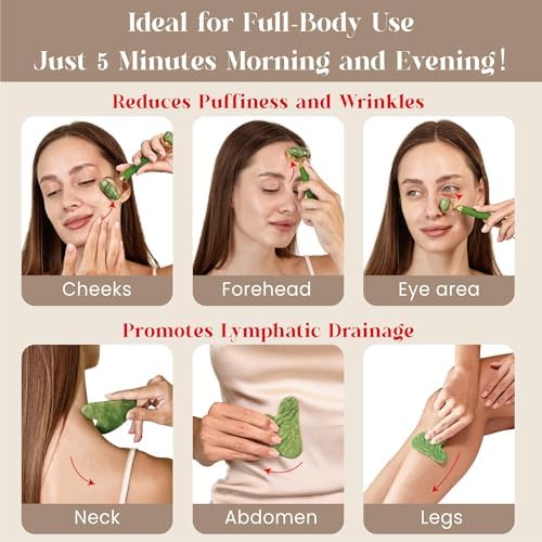 Rena Chris Gua Sha and Face Roller Set: Anti-Breakage Jade Roller for Long-Lasting Use, Jawline Sculpting and Puffiness Reducing, Gua Sha Facial Tools for Self Care Gift (Green) - Image 4