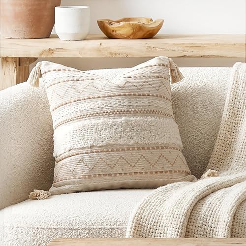 BlissBlush 20X20 Throw Pillow Cover, Cream Neutral Beige Square Decorative Cushion Cover, Boho Accent Pillowcase with Tufted Details and Tassels for Couch Sofa Living Room (Cover Only) by BlissBlush
