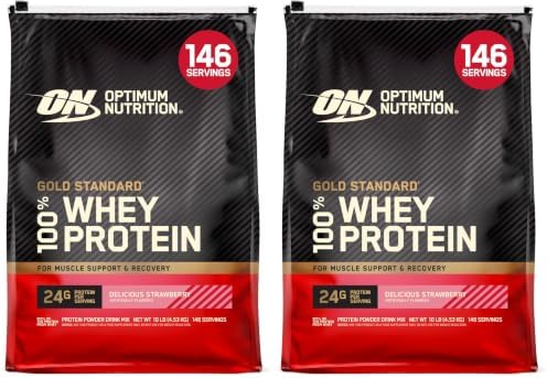 Optimum Nutrition Gold Standard 100% Whey Protein Powder, Delicious Strawberry, 10 Pound (Packaging May Vary) (Pack of 2) by OPTIMUMNUTRITION
