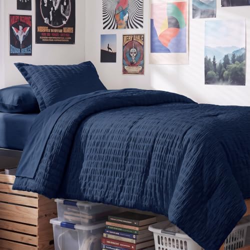 CozyLux Twin Comforter Set, 5 Pieces Navy Blue Seersucker Bed in a Bag by CozyLux