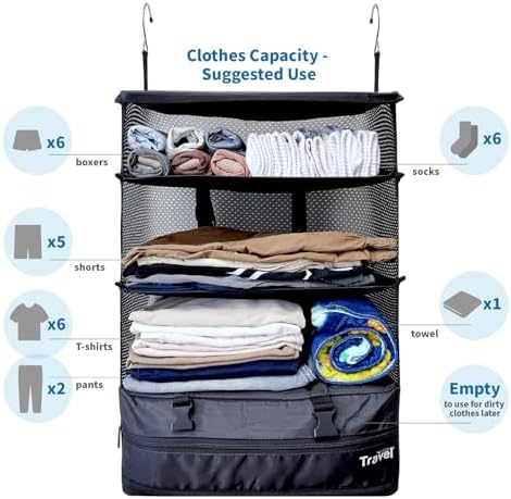 Grand Fusion Stow-N-Go Hanging Travel Shelves, Packing Organizer for Luggage. Carry on Closet for Suitcase. Expandable Packing Cube. Travel Essentials. (Black - XL, XL = (L) 17.7" x (W) 11.8") - Image 3
