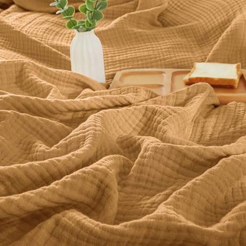 PHF 100% Cotton Muslin Blanket Twin XL Size 66"x90", 4-Layer Lightweight Gauze Throw, Breathable Cloud-Soft Minimalist Blanket for Bed, Couch, Camping & Baby, Amber, Ideal Gift by PHF