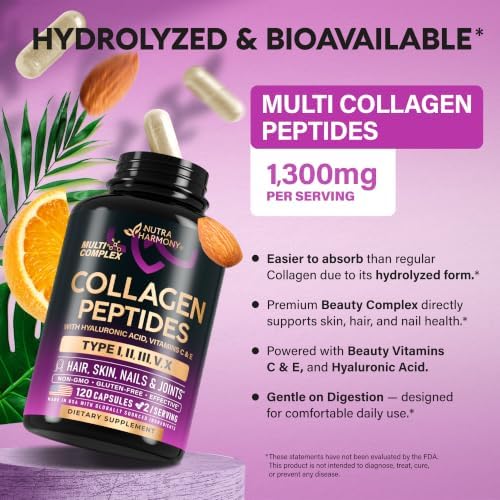NUTRAHARMONY Multi Collagen Peptides 1300mg - Hydrolyzed Types I II III V & X - 120 Caps (Pack of 2) - Image 5