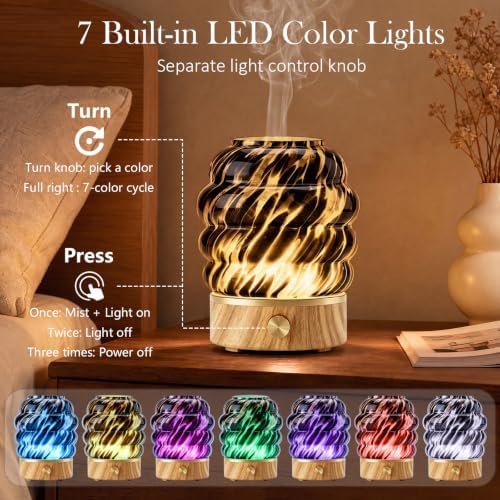 Glass Essential Oil Diffuser for Home - 180ml Ultrasonic Cool Mist Aromatherapy Diffuser for Essential Oils with 7 Led Night Light & Auto Shut-Off Protection for Home Office Bedroom Gifts for Women - Image 2