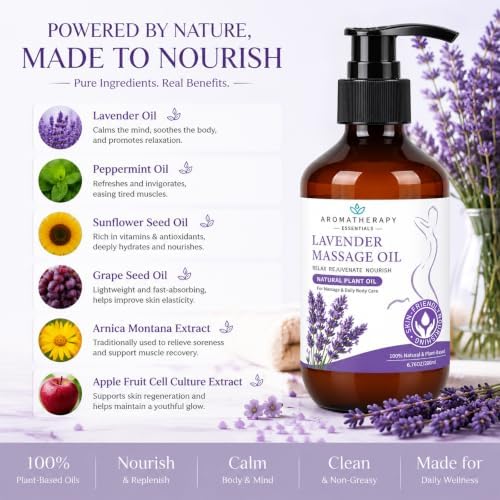 Lavender Massage Oil Gift Set for Massage Therapy - Relaxing Body Massage Oil with Botanical Oils, Includes 2 Bath Salts & 2 Aromatherapy Candles for Home Spa - Image 4